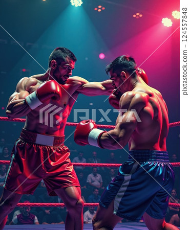 Dynamic boxing match in vibrant arena lighting for sports promotion and fitness motivation 124557848