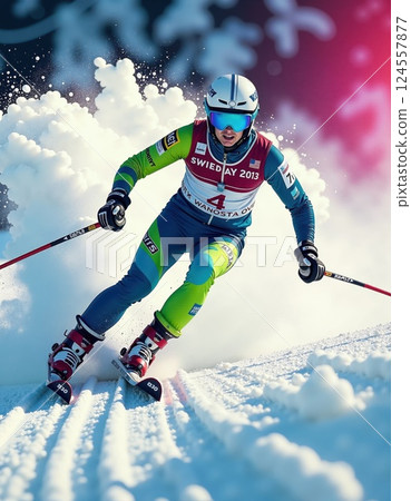 Dynamic ski racer in vibrant action on snowy slope at winter sports event 2013 124557877