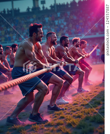 Dynamic team spirit tug of war competition in vibrant stadium setting for sports promotion design Dynamic team spirit tug of war competition in vibrant stadium setting for sports promotion design 124557887