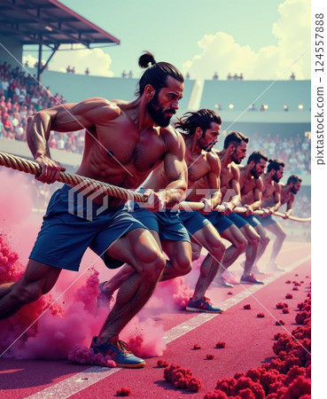 Dynamic team tug-of-war competition at energetic outdoor sporting event with vibrant atmosphere 124557888