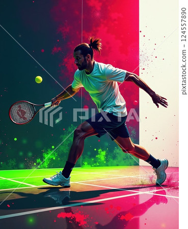 Dynamic tennis action with colorful splash for sports enthusiasts and modern marketing designs 124557890