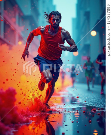 Dynamic urban marathon: energetic runner amidst vibrant color explosion 124557899