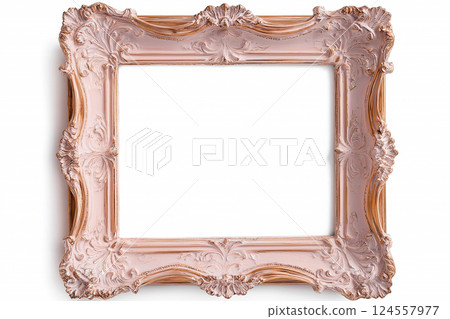 Golden frame in Baroque style with detailed carvings isolated on white background. Ornate golden frame with intricate details for art display. Mockup, empty space for text or image 124557977