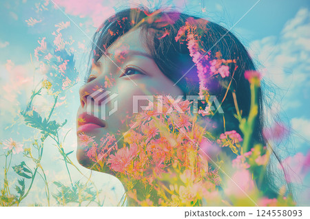 Double exposure. Vivid portrait combining flowers and woman face using creative imagery techniques. Dreamlike composite artwork blending portraiture with lush floral overlays. Spring, dreaming concept 124558093