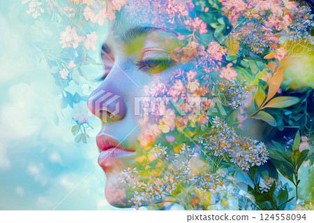 Double exposure. Vivid portrait combining flowers and woman face using creative imagery techniques. Dreamlike composite artwork blending portraiture with lush floral overlays. Spring, dreaming concept 124558094