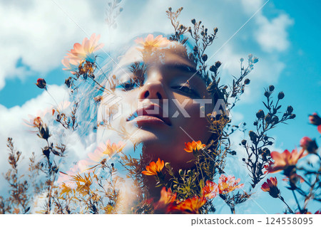 Double exposure. Vivid portrait combining flowers and woman face using creative imagery techniques. Dreamlike composite artwork blending portraiture with lush floral overlays. Spring, dreaming concept 124558095