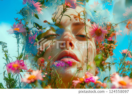 Double exposure. Vivid portrait combining flowers and woman face using creative imagery techniques. Dreamlike composite artwork blending portraiture with lush floral overlays. Spring, dreaming concept 124558097