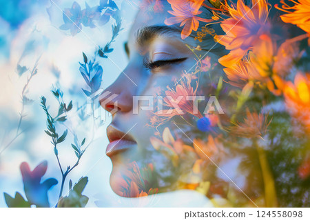 Double exposure. Vivid portrait combining flowers and woman face using creative imagery techniques. Dreamlike composite artwork blending portraiture with lush floral overlays. Spring, dreaming concept 124558098