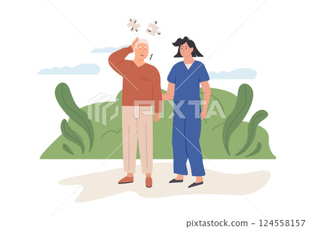 A nurse or female doctor and old age man outdoors. Volunteer helping elderly man. Scene of social worker with senior person in nature. Assisted living concept. Alzheimer, dementia. Vector illustration A nurse or female doctor and old age man outdoors. Volunteer helping elderly man. Scene of social worker with senior person in nature. Assisted living concept. Alzheimer, dementia. Vector illustration 124558157
