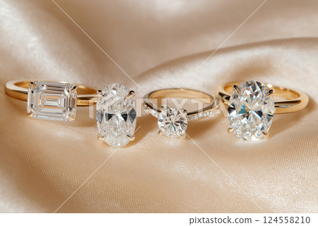 Engagement rings showcasing sparkling diamonds on silky fabric, perfect for romantic inspiration. Elegant diamond rings displayed on luxurious satin. Different diamond cuts for engagement ring 124558210