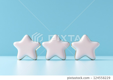 Cute three golden stars on pastel background. 3-star rating, winning and success in competition, best quality, best of the best. Perfect for kid's decor, illustrations Cute three golden stars on pastel background. 3-star rating, winning and success in competition, best quality, best of the best. Perfect for kid's decor, illustrations 124558229