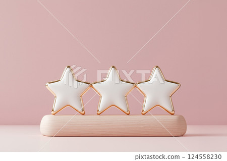 Cute three golden stars on pastel background. 3-star rating, winning and success in competition, best quality, best of the best. Perfect for kid's decor, illustrations 124558230