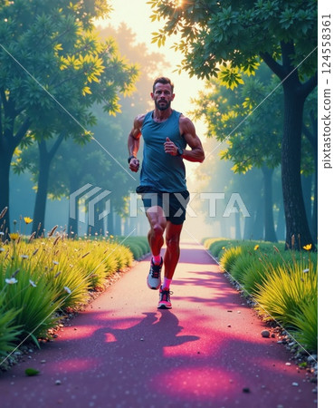 Energizing morning run in vibrant sunlit park pathway for health and fitness inspiration 124558361