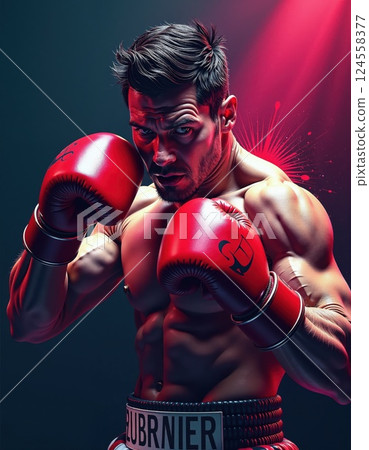 Intense boxing focus: determined fighter in dramatic red lighting for sports campaigns 124558377