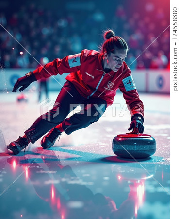 Intense curling match action in vibrant ice arena with dynamic motion 124558380