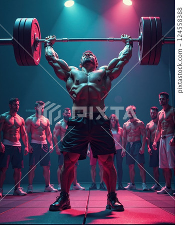 Intense weightlifting session in dramatic gym lighting fitness motivation workout 124558388