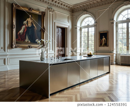 Luxurious modern kitchen in historical mansion with classic art decor 124558391
