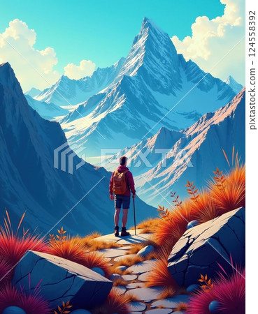 Majestic mountain adventure: vibrant landscape exploration for outdoor enthusiasts and nature lovers 124558392