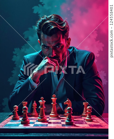 Strategic thinking in chess: intense player contemplating next move with dramatic lighting 124558401