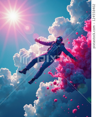 Surreal astronaut adventure in pink clouds with radiant sunburst 124558402