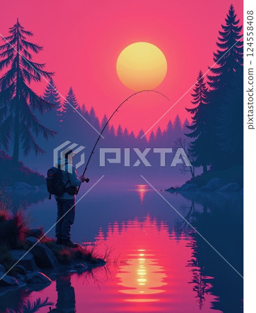 Tranquil fishing at sunset: serene lake scene with scenic reflections for relaxation and nature appreciation 124558408