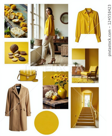 Warm yellow interior and fashion inspiration for modern living and style enhancement 124558423