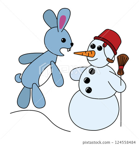 Bunny bites off snowman's carrot nose. Vector illustration isolated on white background. Bunny bites off snowman's carrot nose. Vector illustration isolated on white background. 124558484