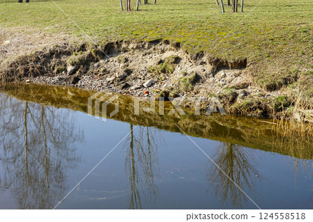 Erosion of the city park canal bank due to improper bank reinforcement Erosion of the city park canal bank due to improper bank reinforcement 124558518