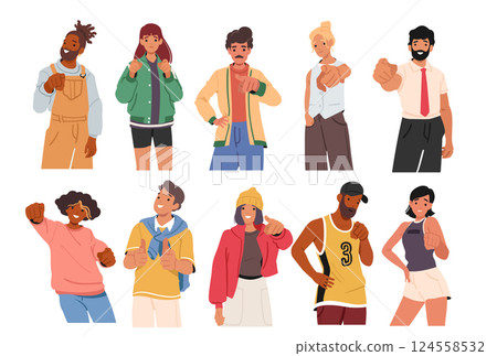 Positive smiling diverse people cartoon characters pointing with finger, gesturing good sign set Positive smiling diverse people cartoon characters pointing with finger, gesturing good sign set 124558532