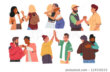 Diverse people cartoon characters greeting gesture, friends meeting and warm hugs isolated set 124558533