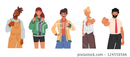 Diverse people cartoon characters pointing finger forward selecting viewer isolated on white 124558566