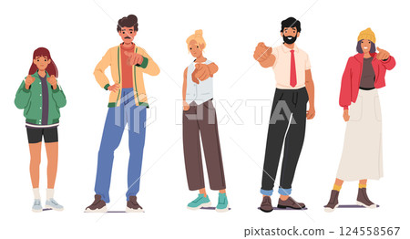 Happy man and woman cartoon characters with pointing forward raised index finger full-length set 124558567