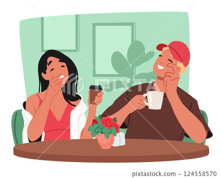 Laughing man and woman couple resting in cafe spending fun and joy time together cartoon scene Laughing man and woman couple resting in cafe spending fun and joy time together cartoon scene 124558570