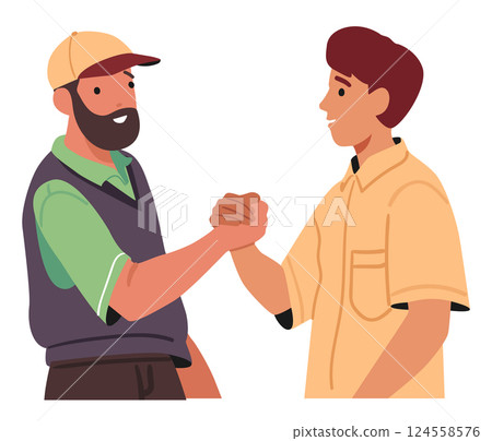 Father and son showcasing strong handshake gesture greeting each other and support isolated portrait Father and son showcasing strong handshake gesture greeting each other and support isolated portrait 124558576