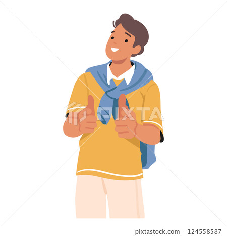 Teenage boy cartoon character pointing forward at viewer with two fingers indicating good choice 124558587
