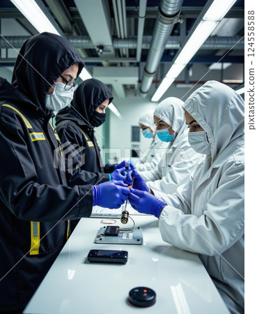 Advanced electronics manufacturing team in protective gear assembling high-tech components for cutting-edge innovations in a modern industrial facility 124558588