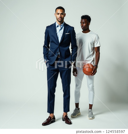 Contrasting styles: formal business suit meets casual athletic wear with basketball element 124558597