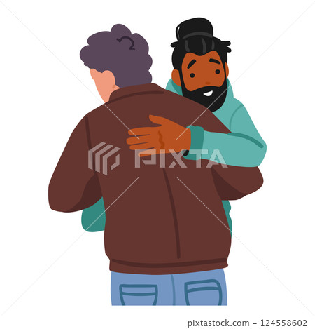 Diverse multiethnic male best friends characters greeting each other with strong brotherly hugs 124558602