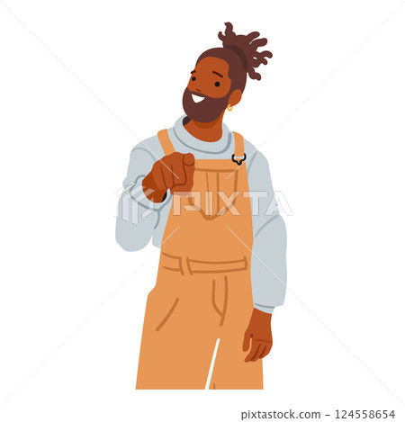 Young bearded guy cartoon character pointing with index finger picking you isolated on white 124558654