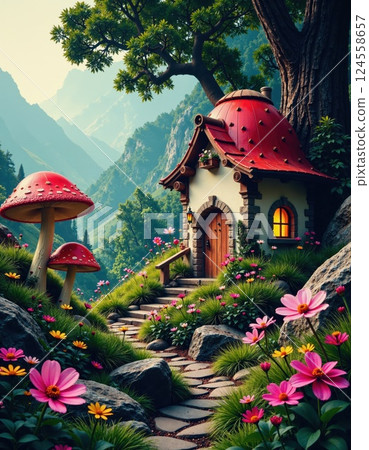 Enchanting fairy tale cottage in lush mountain landscape with whimsical mushroom decor 124558657