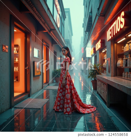 Enchanting night stroll in vintage alleyway with neon glow and elegant red floral dress Enchanting night stroll in vintage alleyway with neon glow and elegant red floral dress 124558658