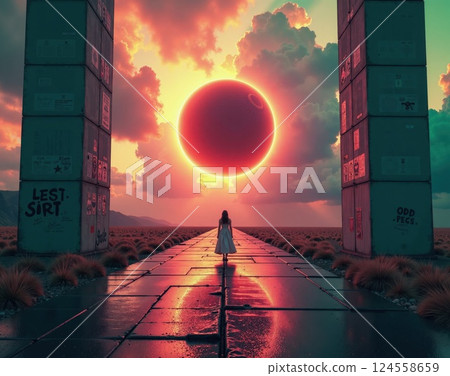 Enigmatic sunset portal with surreal solar eclipse scene for dreamy imaginative landscape design 124558659