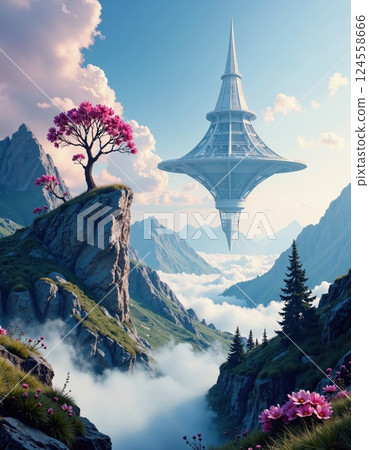 Futuristic floating structure among idyllic mountain landscape with pink blossoms 124558666