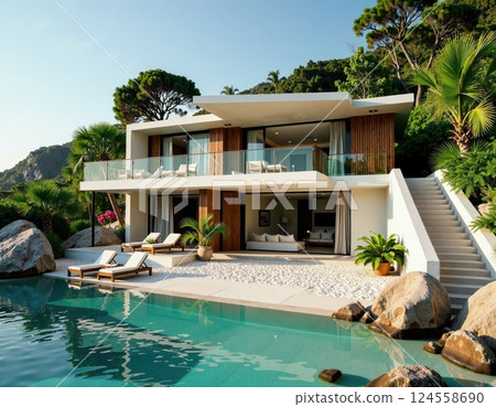 Luxurious modern villa retreat with infinity pool surrounded by tropical oasis for exclusive getaways and exotic living concepts 124558690