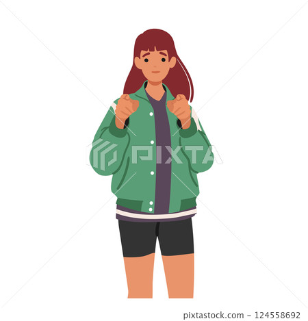 Teenage girl cartoon character pointing with two index finger forward at you isolated on white Teenage girl cartoon character pointing with two index finger forward at you isolated on white 124558692