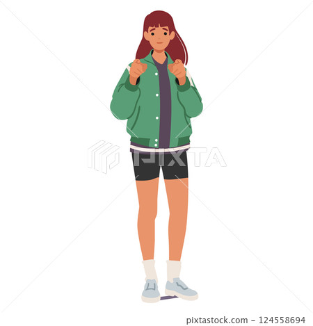 Young sportive girl cartoon character pointing finger choosing you making invitation gesture 124558694