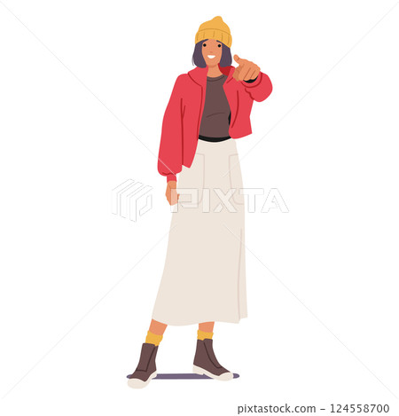 Excited smiling young woman cartoon character pointing you with index finger full-length portrait 124558700