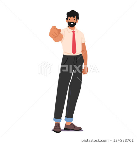 Young businessman cartoon character pointing index finger making choice of you full-length portrait 124558701