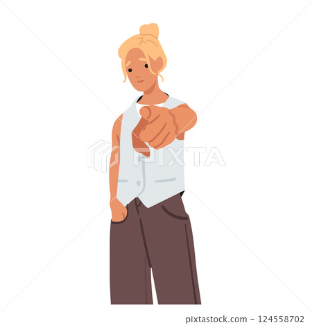 Fashion young woman cartoon character with mysterious expression on face pointing finger at viewer 124558702