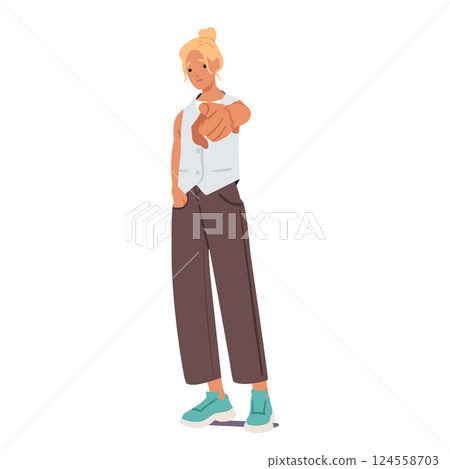 Young pretty woman cartoon character pointing you gesturing finger forward full-length portrait 124558703